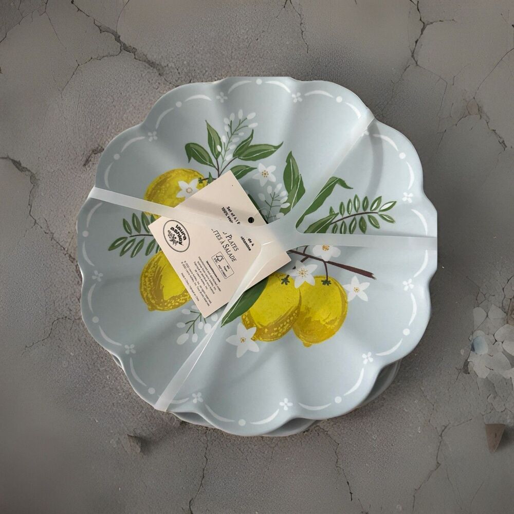 LAURA ASHLEY 8.5” Salad Plates Blue Lemon Floral MELAMINE Set Of 4 Plate NEW